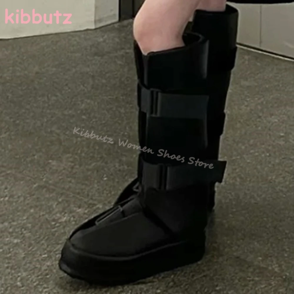 Motorcycle Knee High Boots Platform Genuine Leather Belt Buckles Round Toe Height Increasing Solid Color Fashion Concise Shoes