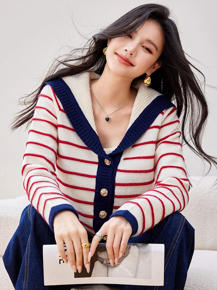 2025 New Sailor Collar Single-breasted Knitted Cardigan Women Lapel Striped Sweater Autumn Fashion Casual Coat