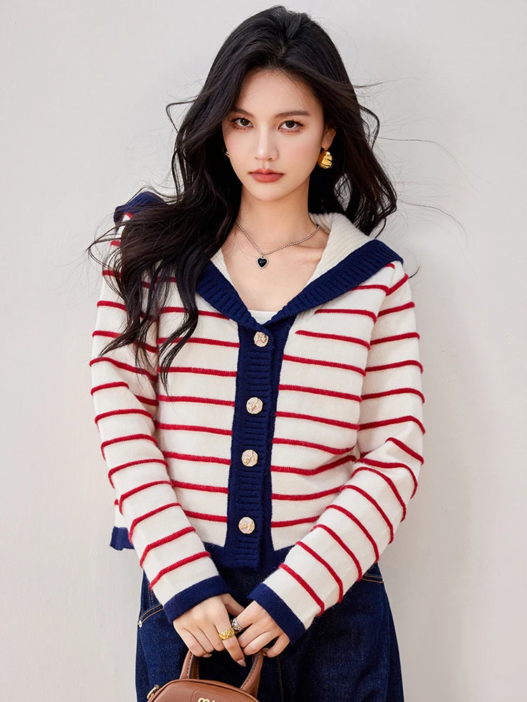 2025 New Sailor Collar Single-breasted Knitted Cardigan Women Lapel Striped Sweater Autumn Fashion Casual Coat