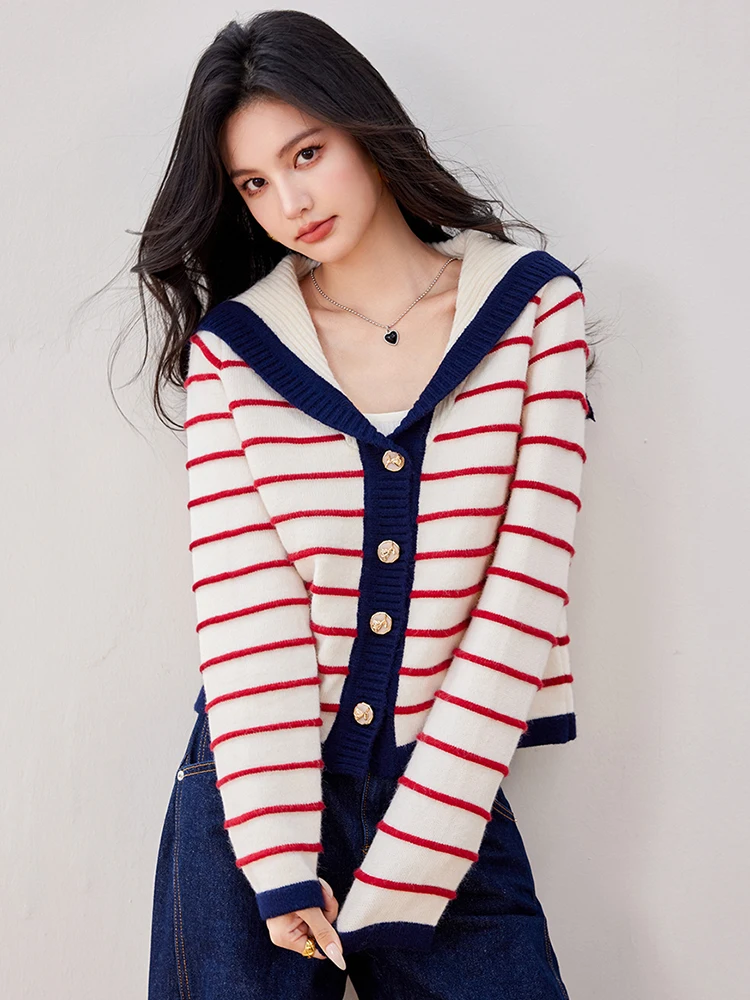 2025 New Sailor Collar Single-breasted Knitted Cardigan Women Lapel Striped Sweater Autumn Fashion Casual Coat
