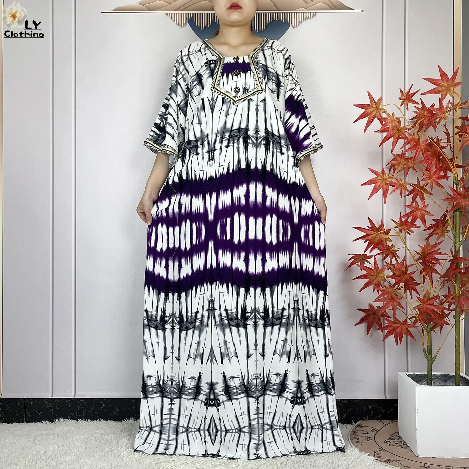 2024 Latest Style Fashion Tie-dyed Printed Women Dress Casual Loose Short Sleeve African Abaya Femme Dashiki Islamic Clothing