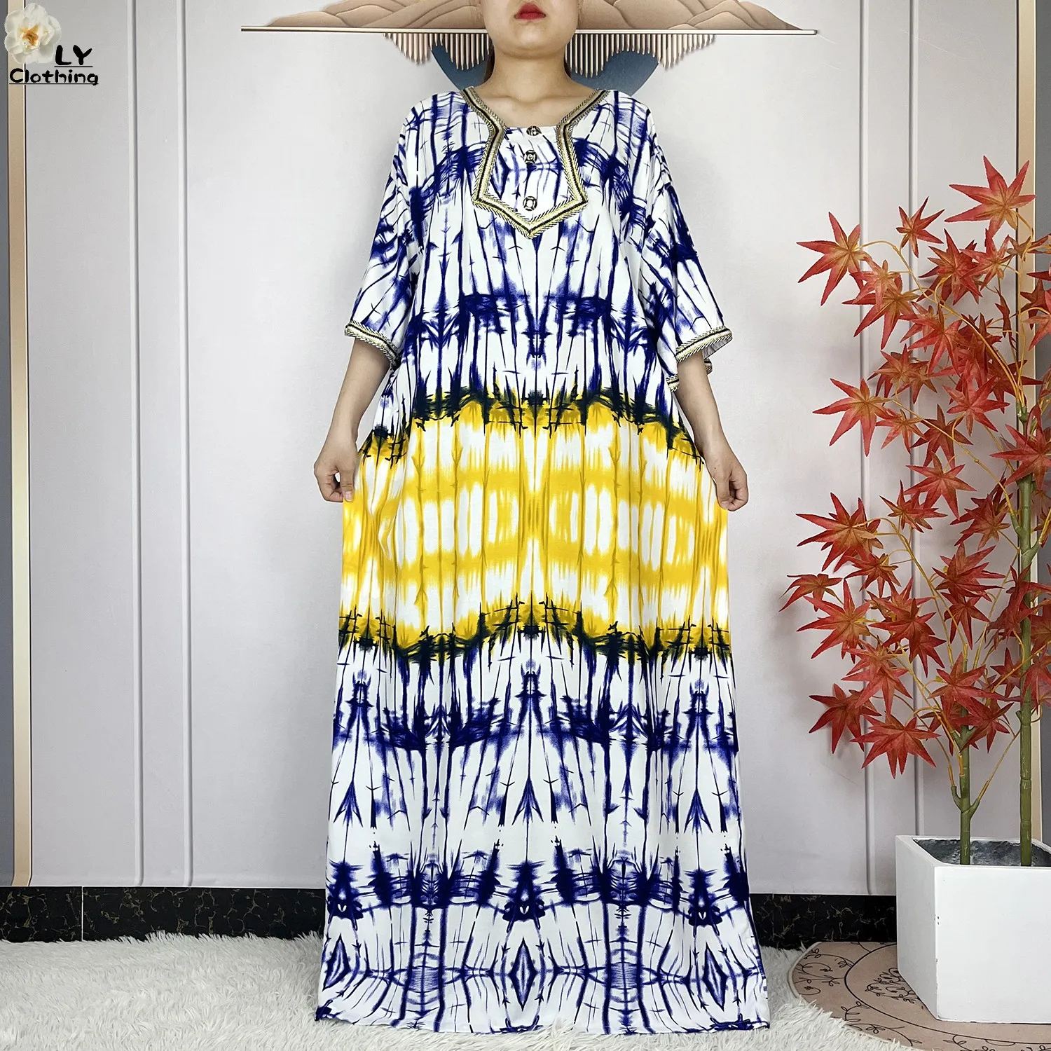 2024 Latest Style Fashion Tie-dyed Printed Women Dress Casual Loose Short Sleeve African Abaya Femme Dashiki Islamic Clothing