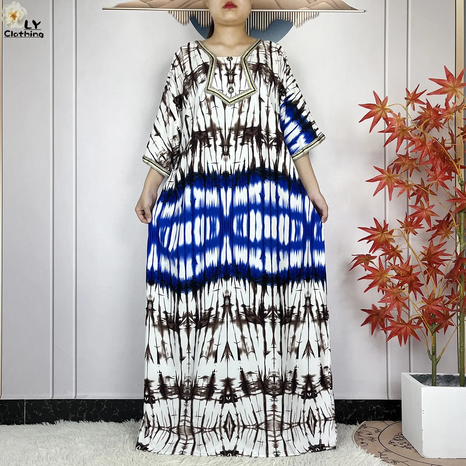 2024 Latest Style Fashion Tie-dyed Printed Women Dress Casual Loose Short Sleeve African Abaya Femme Dashiki Islamic Clothing