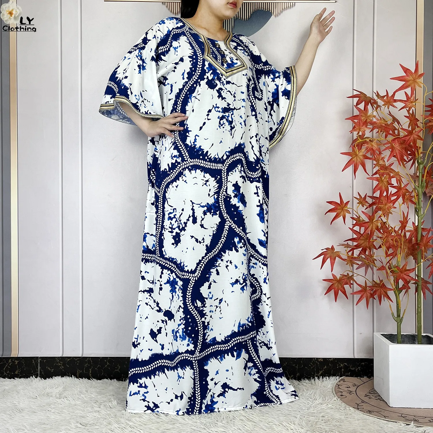 2024 Latest Style Fashion Tie-dyed Printed Women Dress Casual Loose Short Sleeve African Abaya Femme Dashiki Islamic Clothing