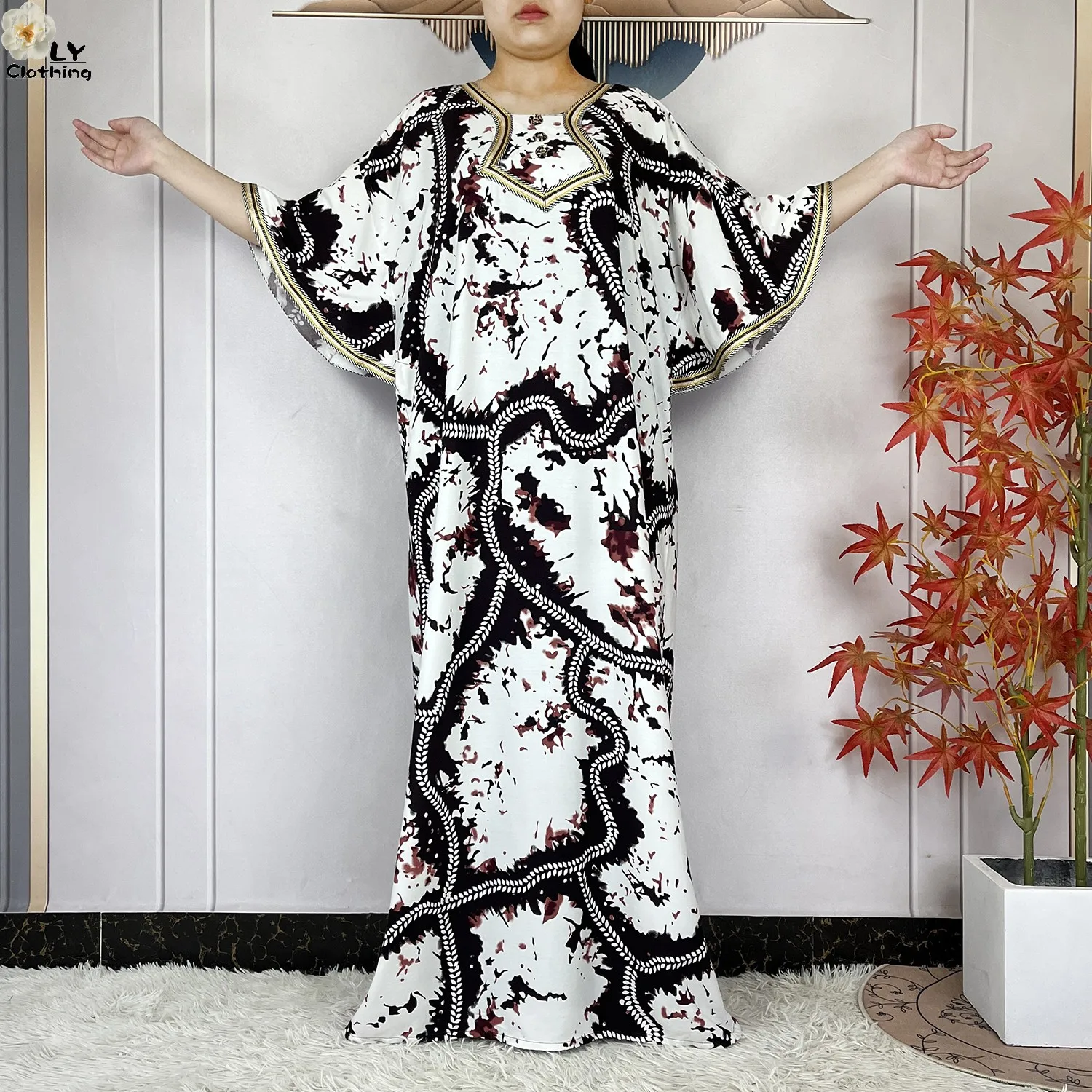 2024 Latest Style Fashion Tie-dyed Printed Women Dress Casual Loose Short Sleeve African Abaya Femme Dashiki Islamic Clothing
