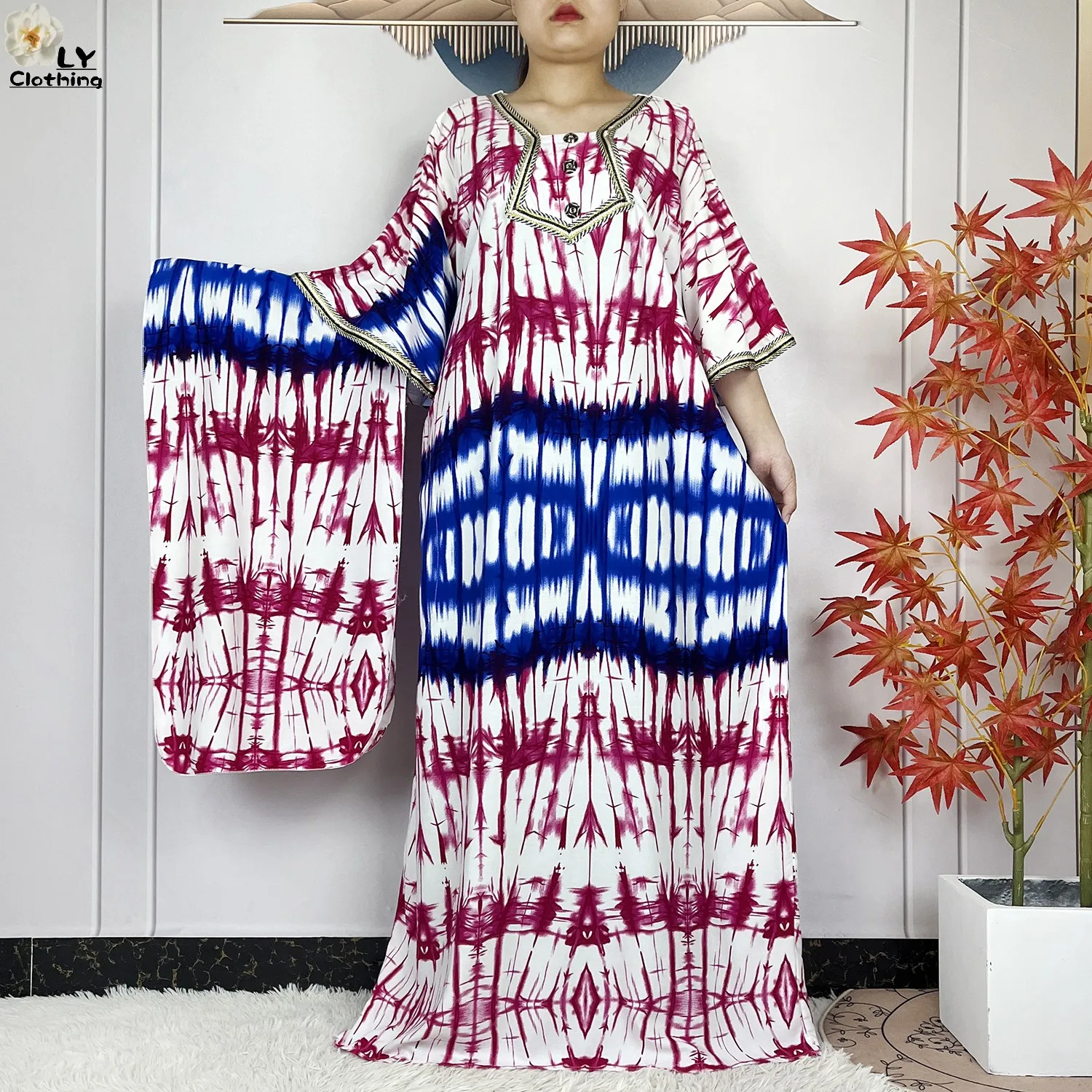 2024 Latest Style Fashion Tie-dyed Printed Women Dress Casual Loose Short Sleeve African Abaya Femme Dashiki Islamic Clothing