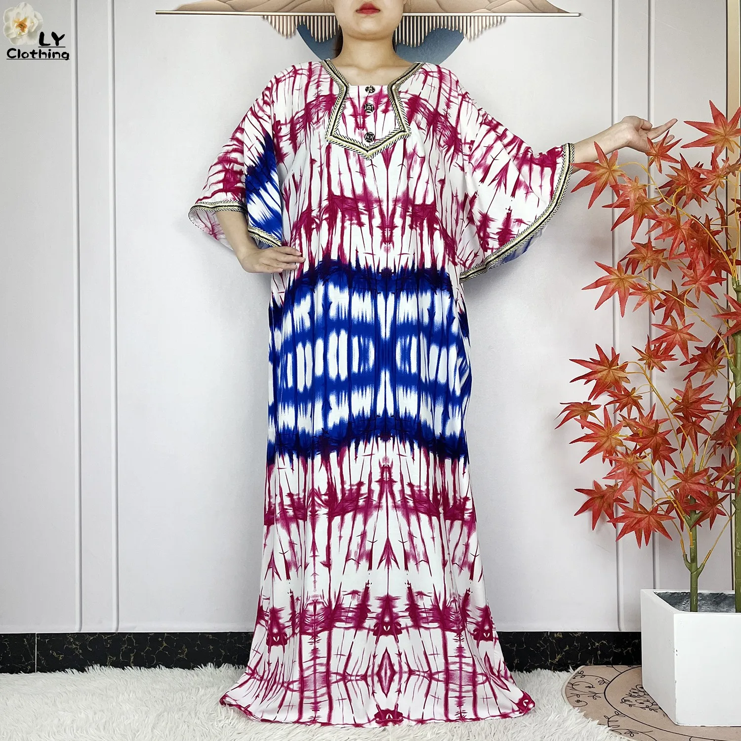 2024 Latest Style Fashion Tie-dyed Printed Women Dress Casual Loose Short Sleeve African Abaya Femme Dashiki Islamic Clothing