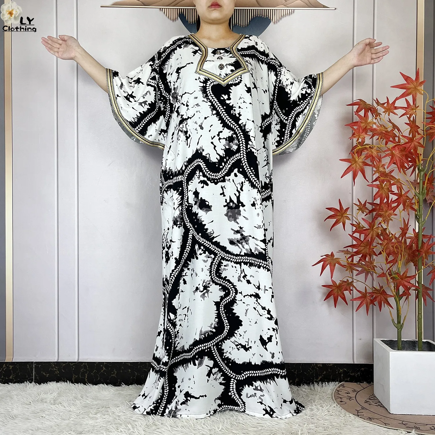 2024 Latest Style Fashion Tie-dyed Printed Women Dress Casual Loose Short Sleeve African Abaya Femme Dashiki Islamic Clothing