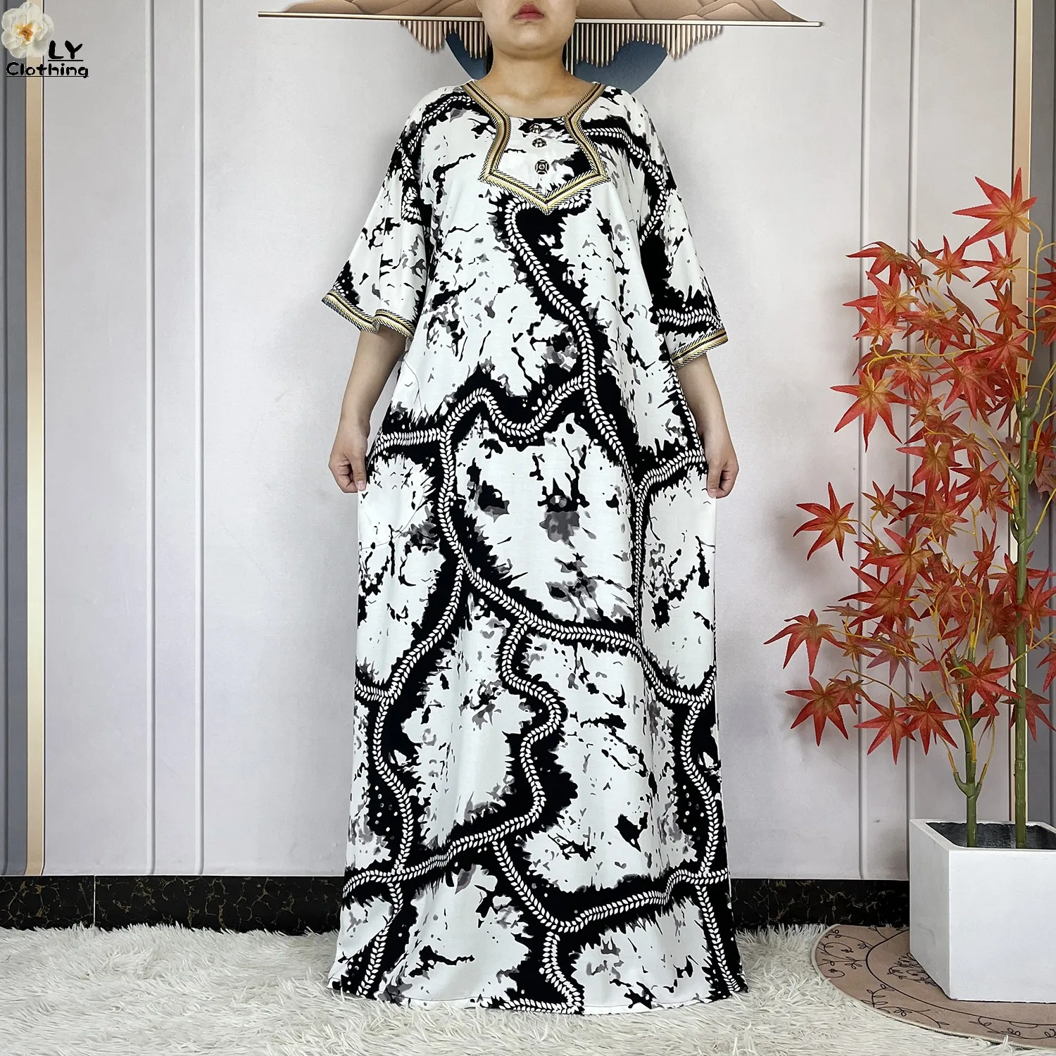 2024 Latest Style Fashion Tie-dyed Printed Women Dress Casual Loose Short Sleeve African Abaya Femme Dashiki Islamic Clothing