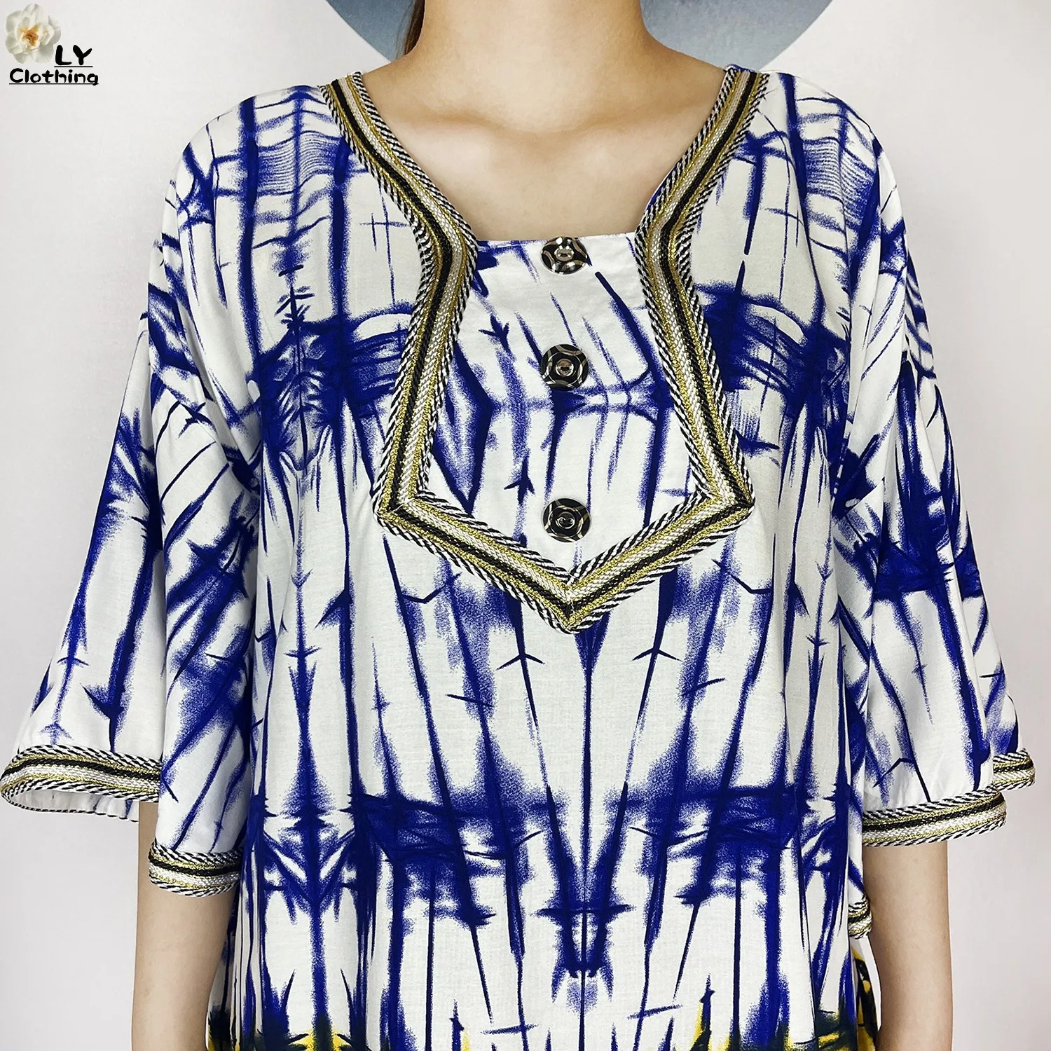 2024 Latest Style Fashion Tie-dyed Printed Women Dress Casual Loose Short Sleeve African Abaya Femme Dashiki Islamic Clothing