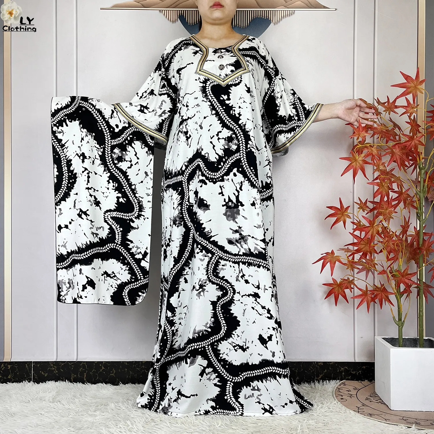 2024 Latest Style Fashion Tie-dyed Printed Women Dress Casual Loose Short Sleeve African Abaya Femme Dashiki Islamic Clothing