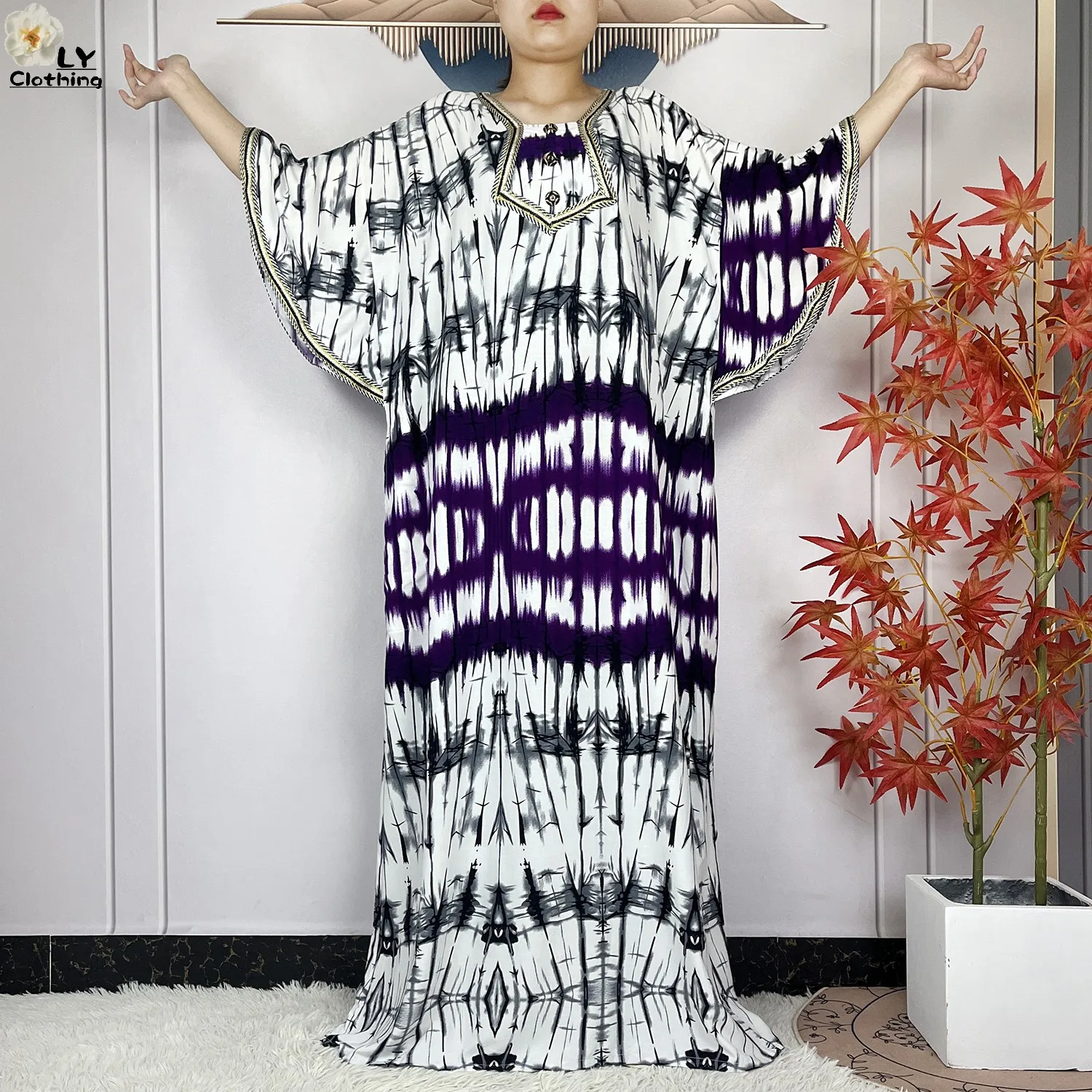 2024 Latest Style Fashion Tie-dyed Printed Women Dress Casual Loose Short Sleeve African Abaya Femme Dashiki Islamic Clothing