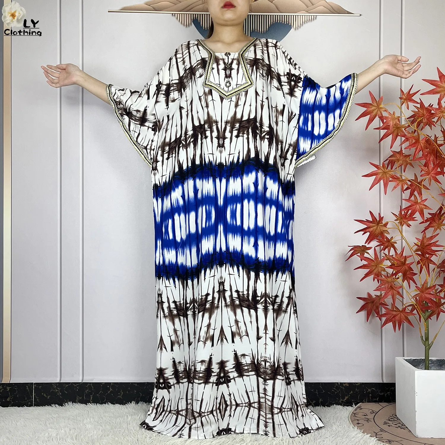 2024 Latest Style Fashion Tie-dyed Printed Women Dress Casual Loose Short Sleeve African Abaya Femme Dashiki Islamic Clothing