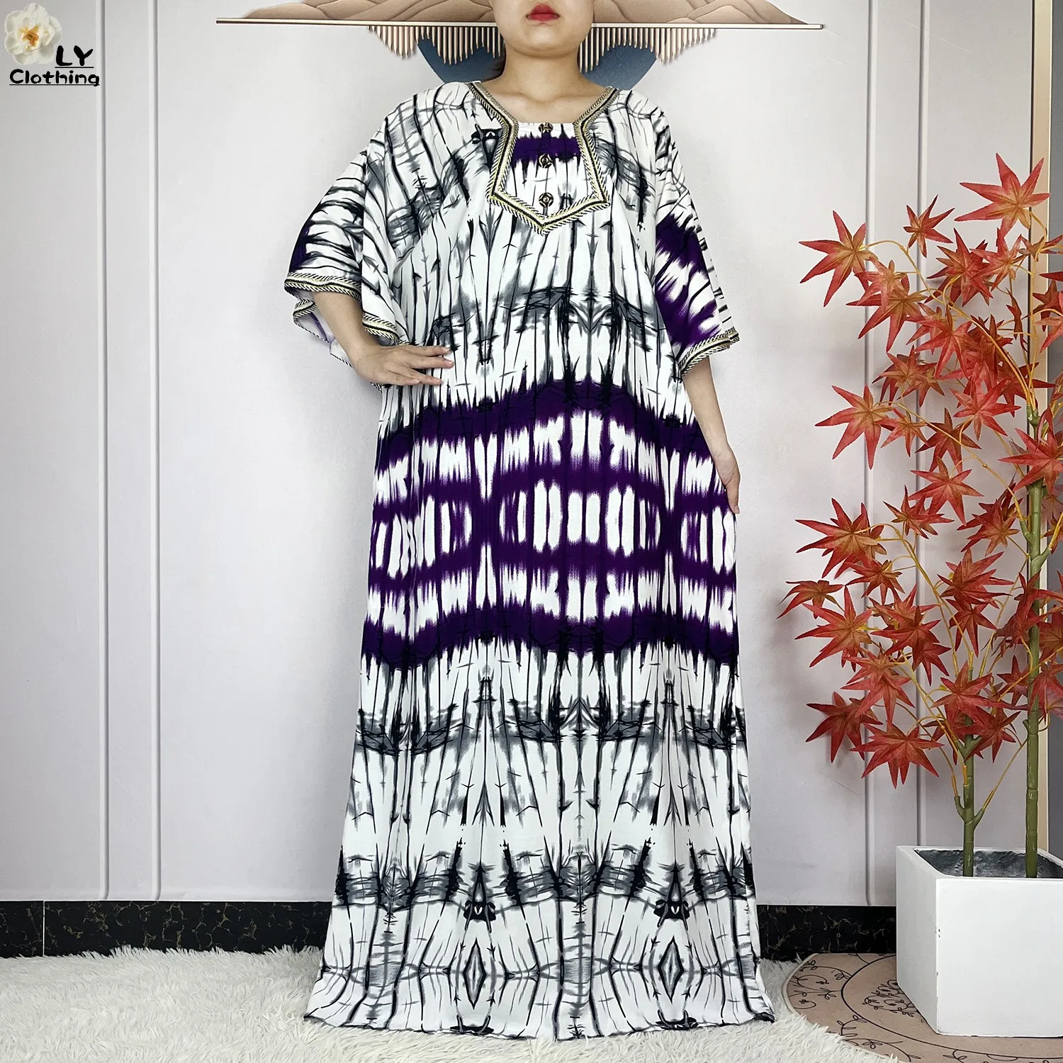 2024 Latest Style Fashion Tie-dyed Printed Women Dress Casual Loose Short Sleeve African Abaya Femme Dashiki Islamic Clothing