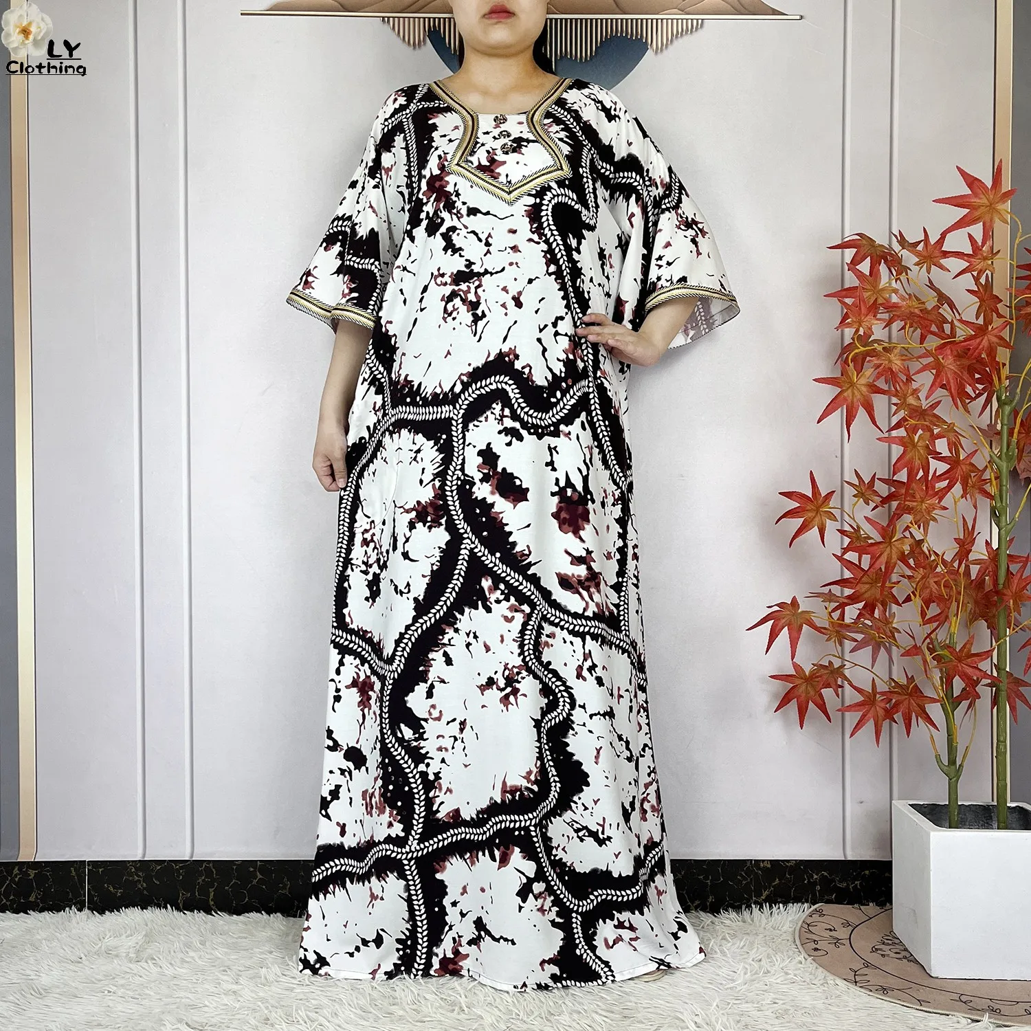 2024 Latest Style Fashion Tie-dyed Printed Women Dress Casual Loose Short Sleeve African Abaya Femme Dashiki Islamic Clothing