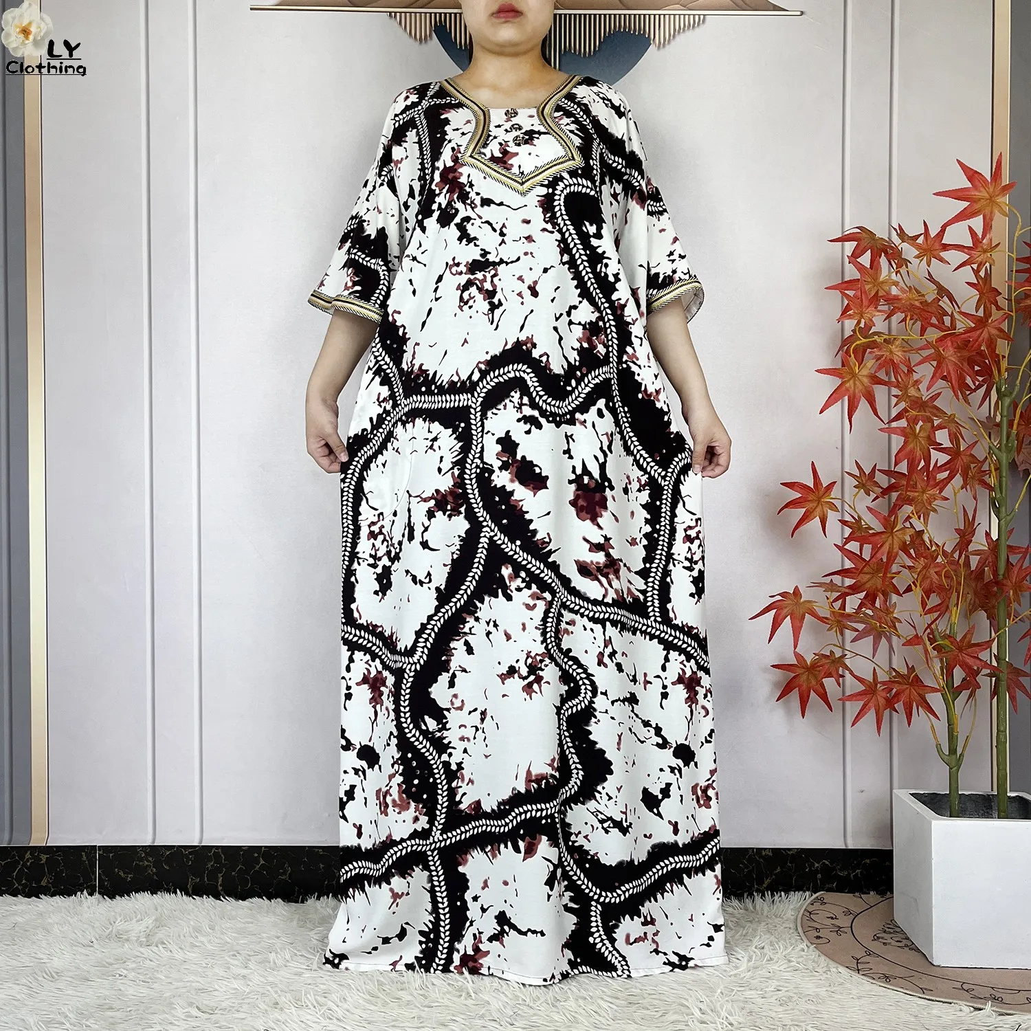 2024 Latest Style Fashion Tie-dyed Printed Women Dress Casual Loose Short Sleeve African Abaya Femme Dashiki Islamic Clothing