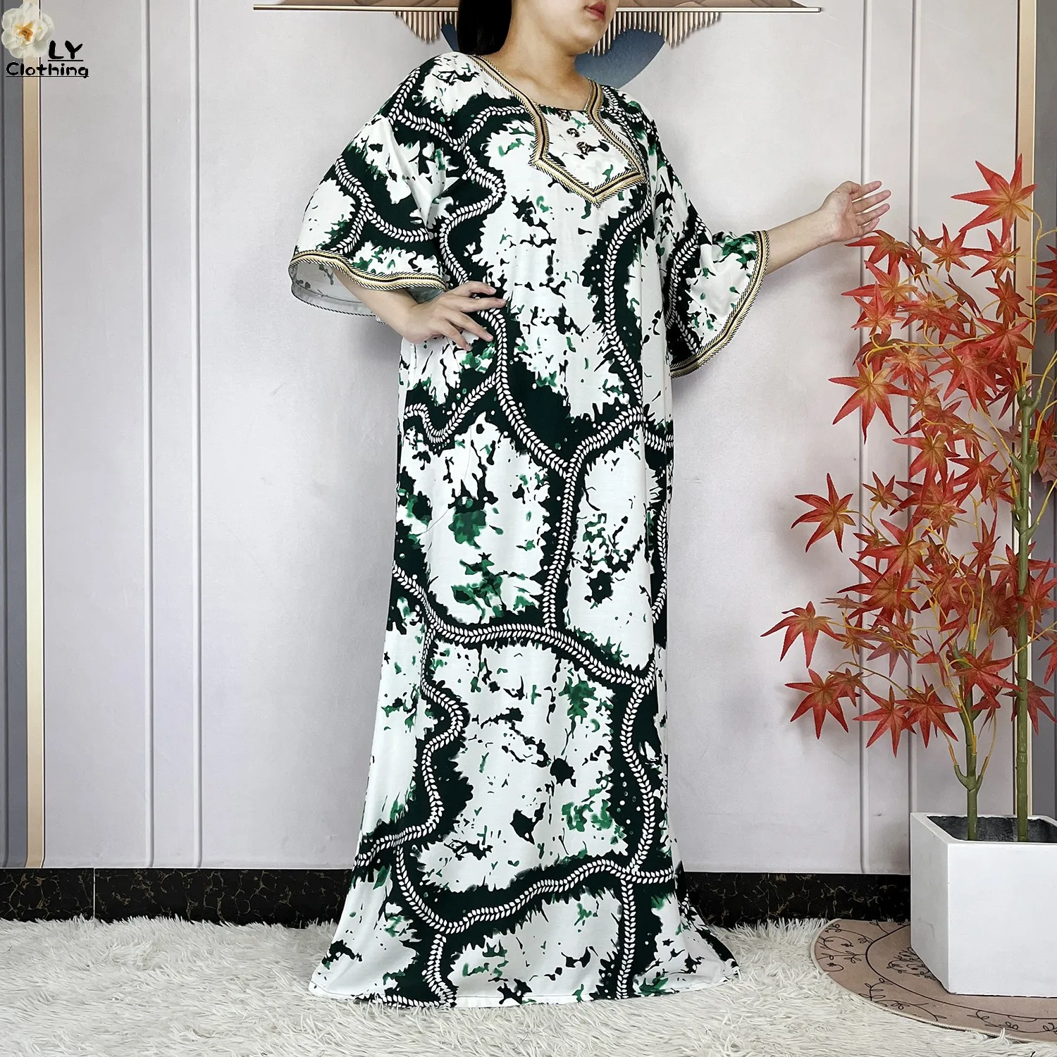 2024 Latest Style Fashion Tie-dyed Printed Women Dress Casual Loose Short Sleeve African Abaya Femme Dashiki Islamic Clothing