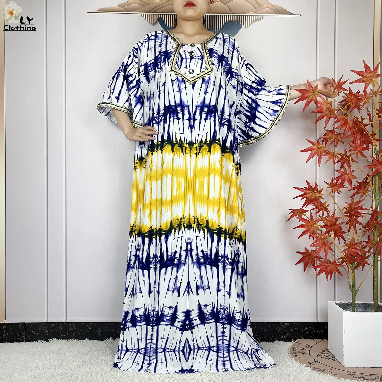 2024 Latest Style Fashion Tie-dyed Printed Women Dress Casual Loose Short Sleeve African Abaya Femme Dashiki Islamic Clothing