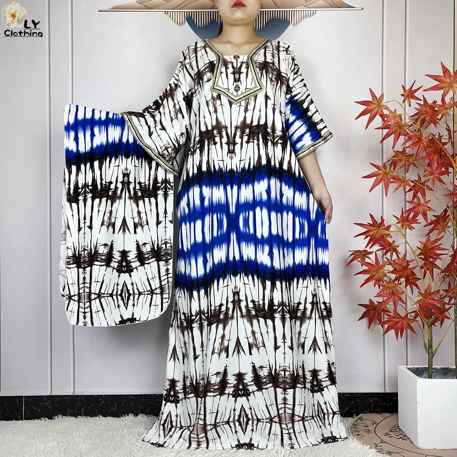 2024 Latest Style Fashion Tie-dyed Printed Women Dress Casual Loose Short Sleeve African Abaya Femme Dashiki Islamic Clothing
