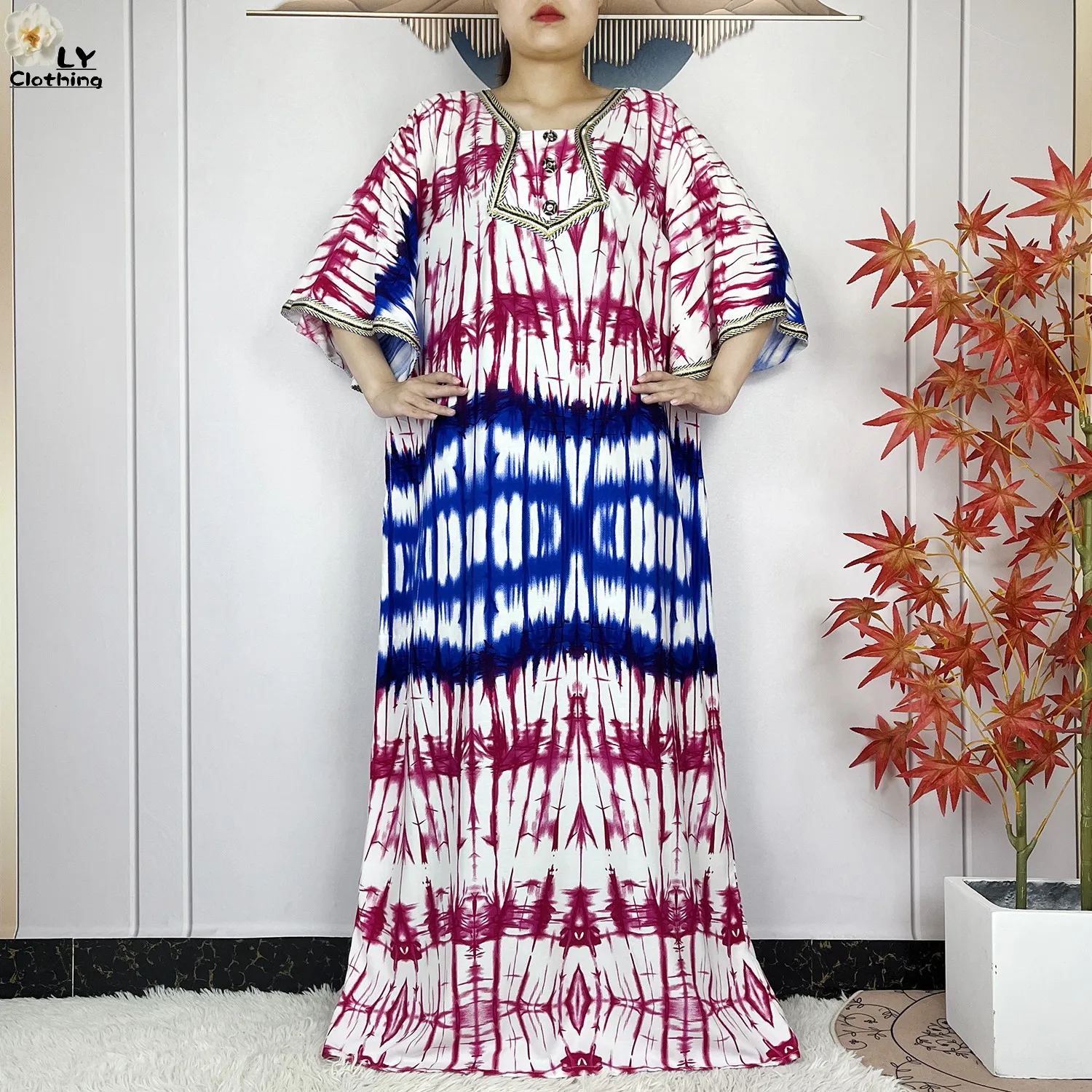 2024 Latest Style Fashion Tie-dyed Printed Women Dress Casual Loose Short Sleeve African Abaya Femme Dashiki Islamic Clothing