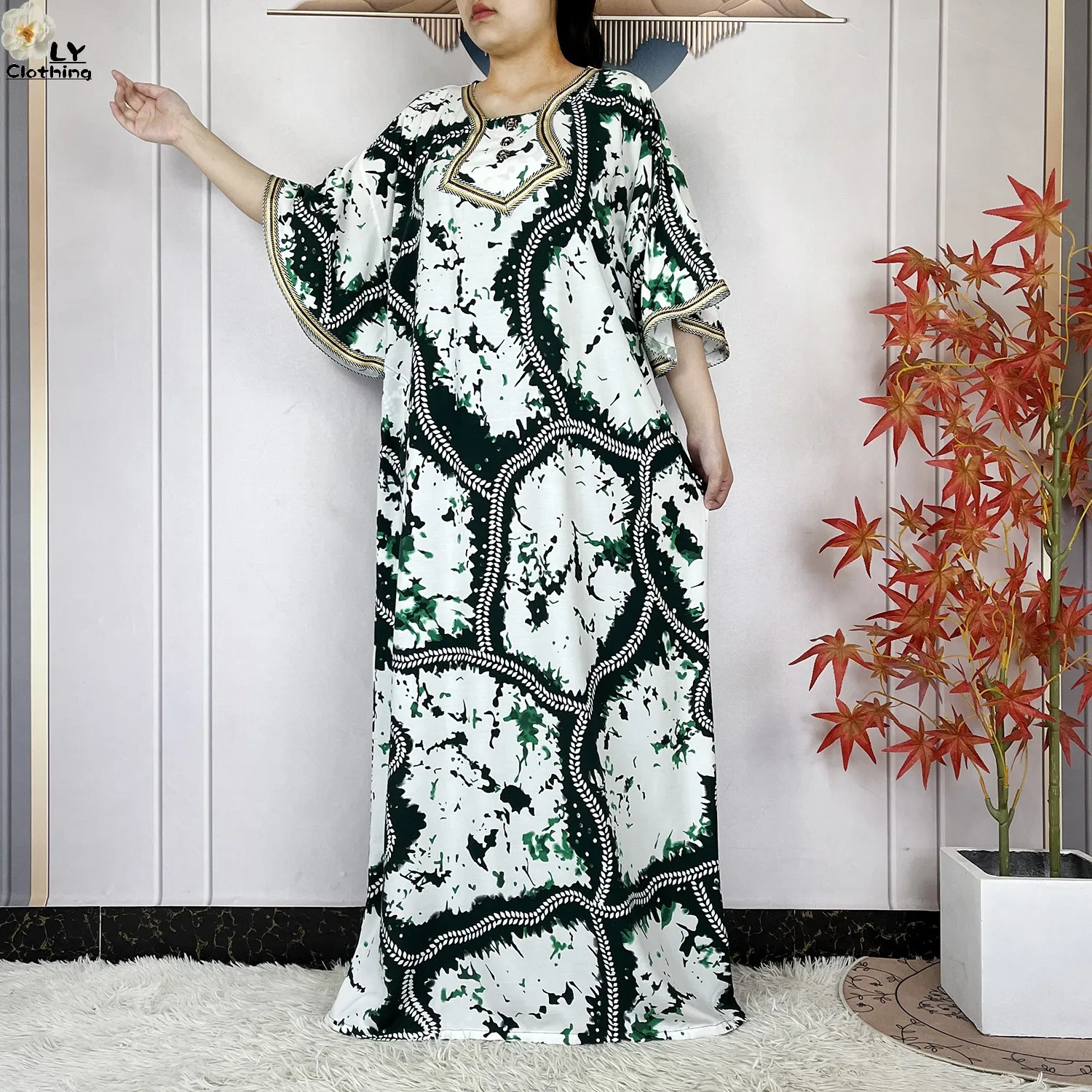 2024 Latest Style Fashion Tie-dyed Printed Women Dress Casual Loose Short Sleeve African Abaya Femme Dashiki Islamic Clothing
