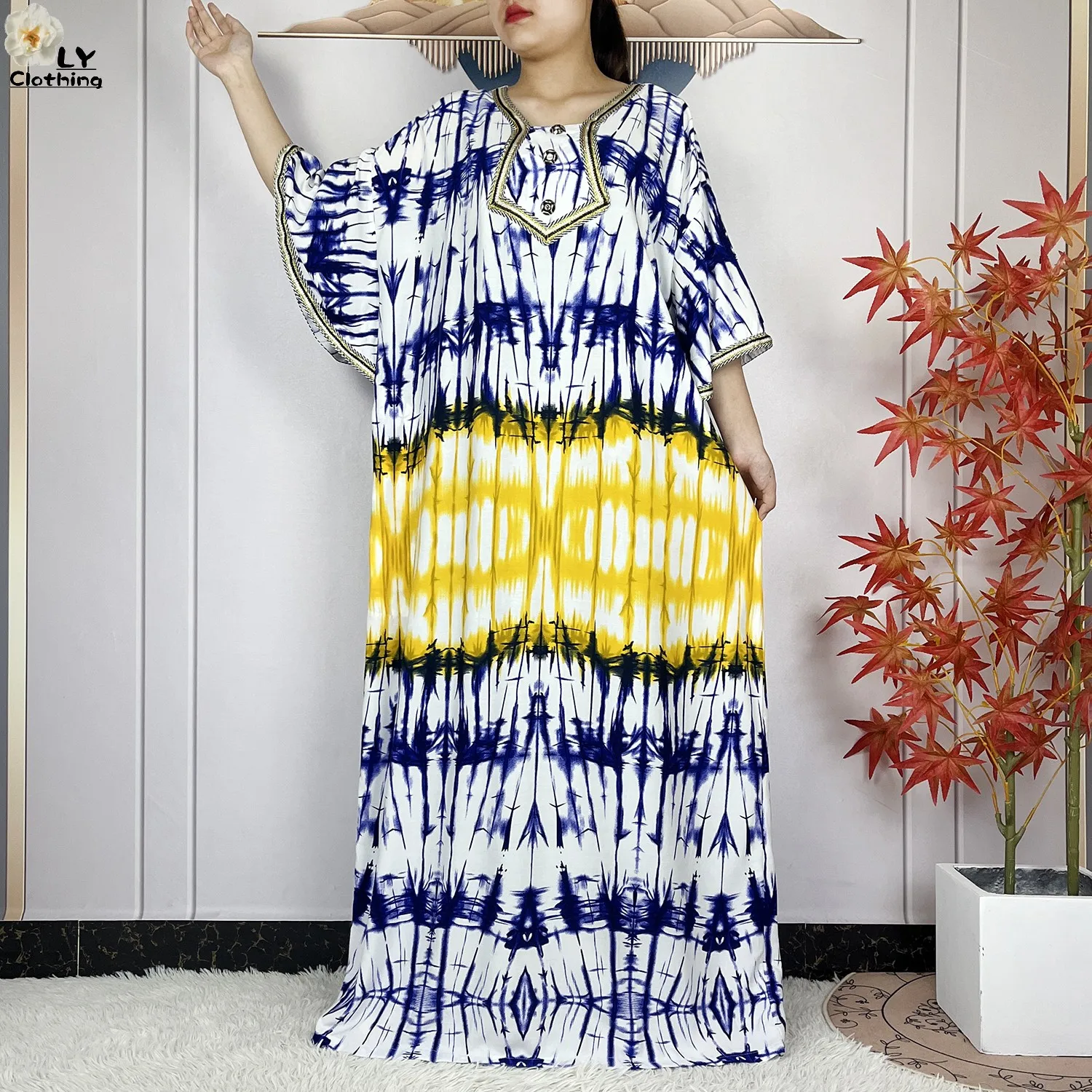 2024 Latest Style Fashion Tie-dyed Printed Women Dress Casual Loose Short Sleeve African Abaya Femme Dashiki Islamic Clothing
