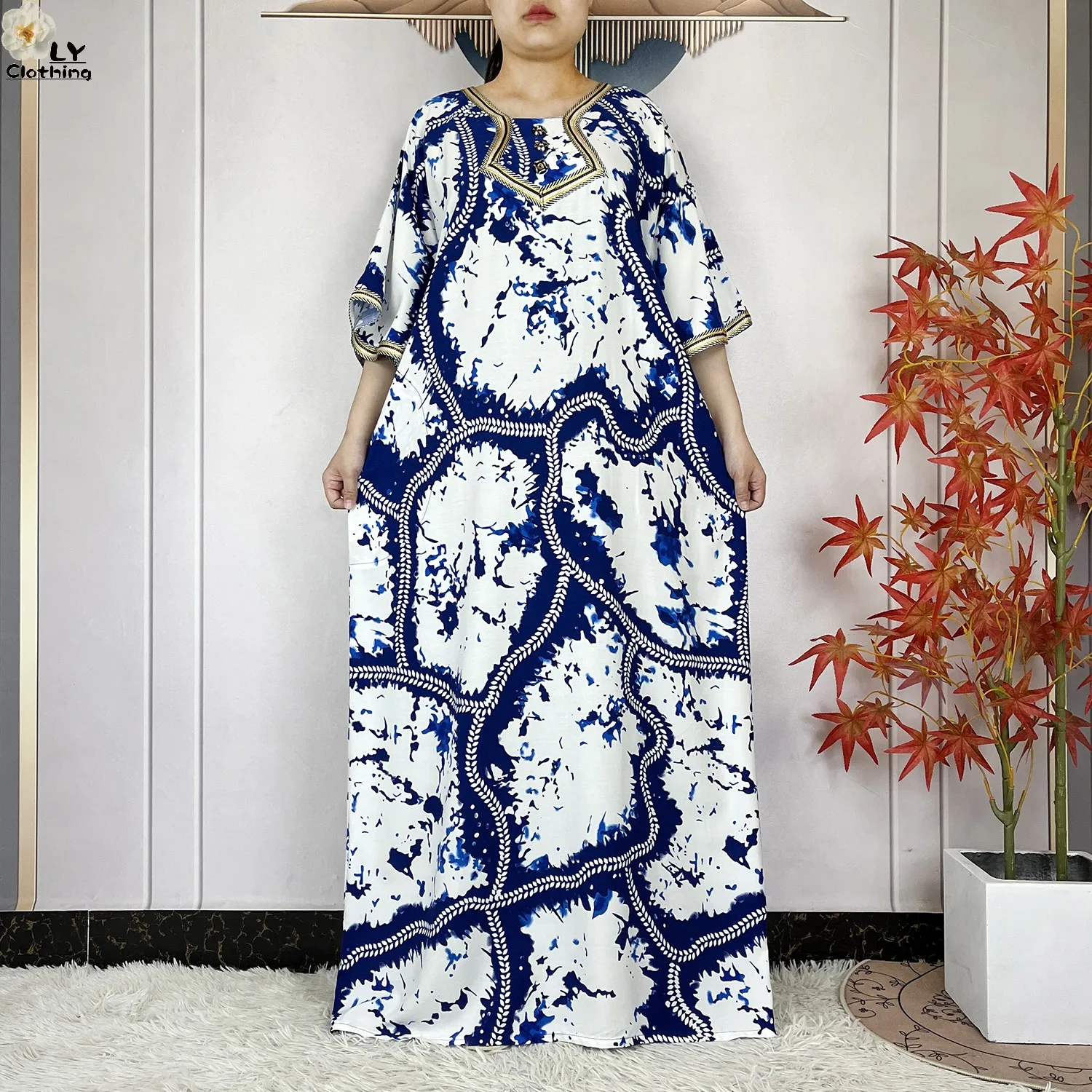 2024 Latest Style Fashion Tie-dyed Printed Women Dress Casual Loose Short Sleeve African Abaya Femme Dashiki Islamic Clothing