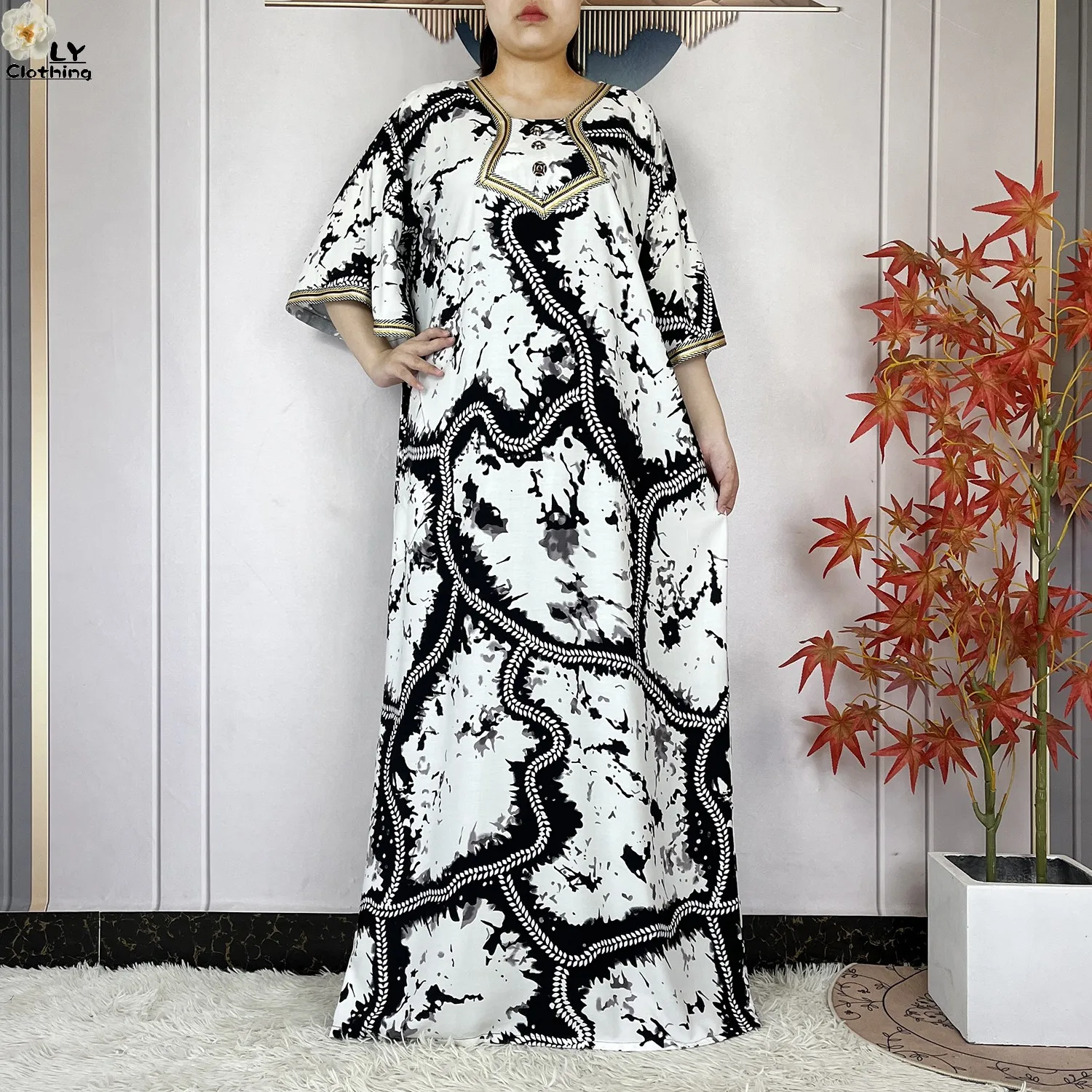 2024 Latest Style Fashion Tie-dyed Printed Women Dress Casual Loose Short Sleeve African Abaya Femme Dashiki Islamic Clothing
