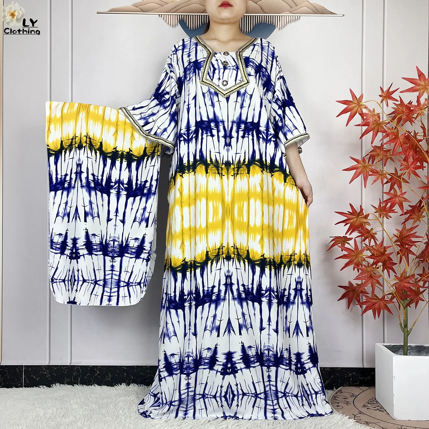 2024 Latest Style Fashion Tie-dyed Printed Women Dress Casual Loose Short Sleeve African Abaya Femme Dashiki Islamic Clothing