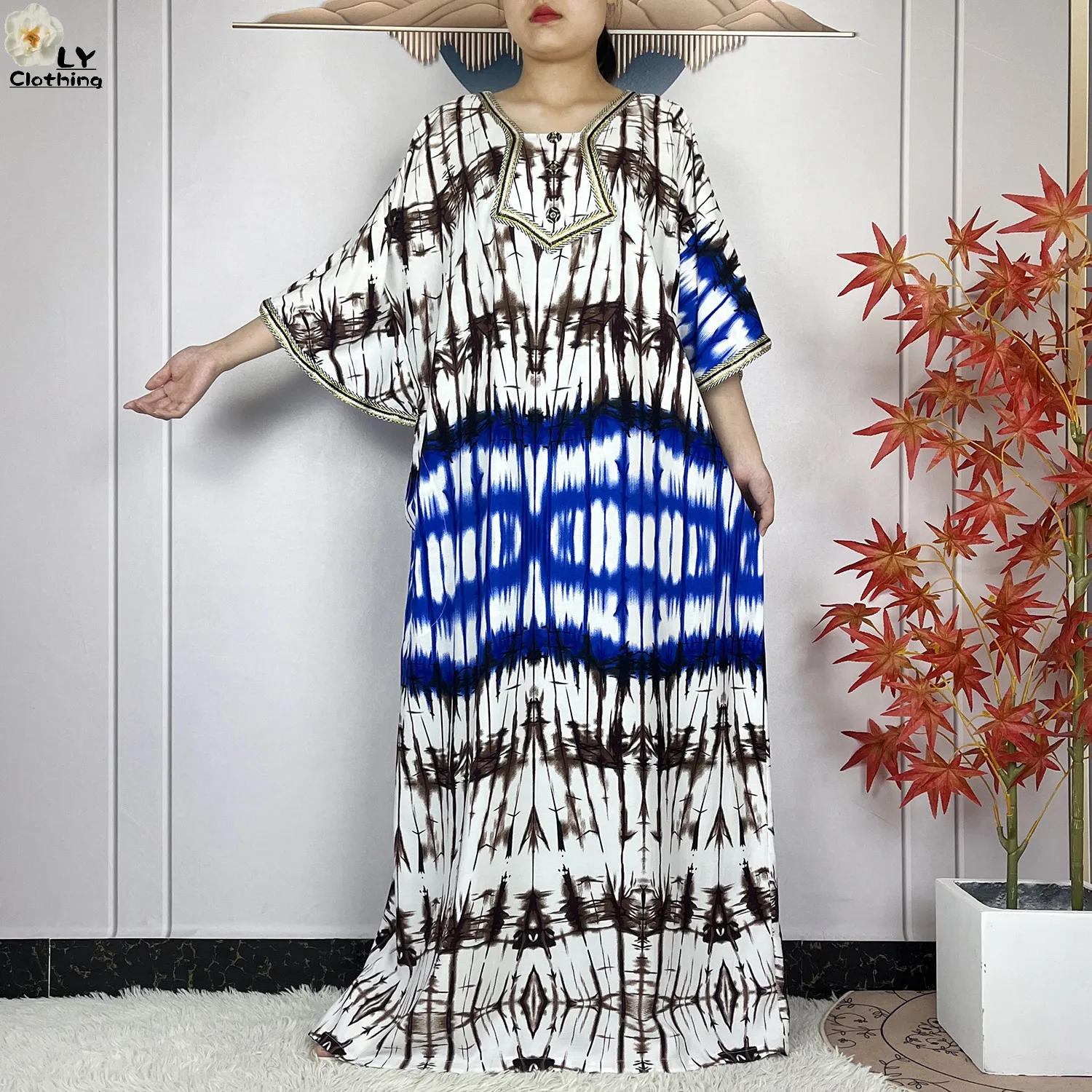 2024 Latest Style Fashion Tie-dyed Printed Women Dress Casual Loose Short Sleeve African Abaya Femme Dashiki Islamic Clothing