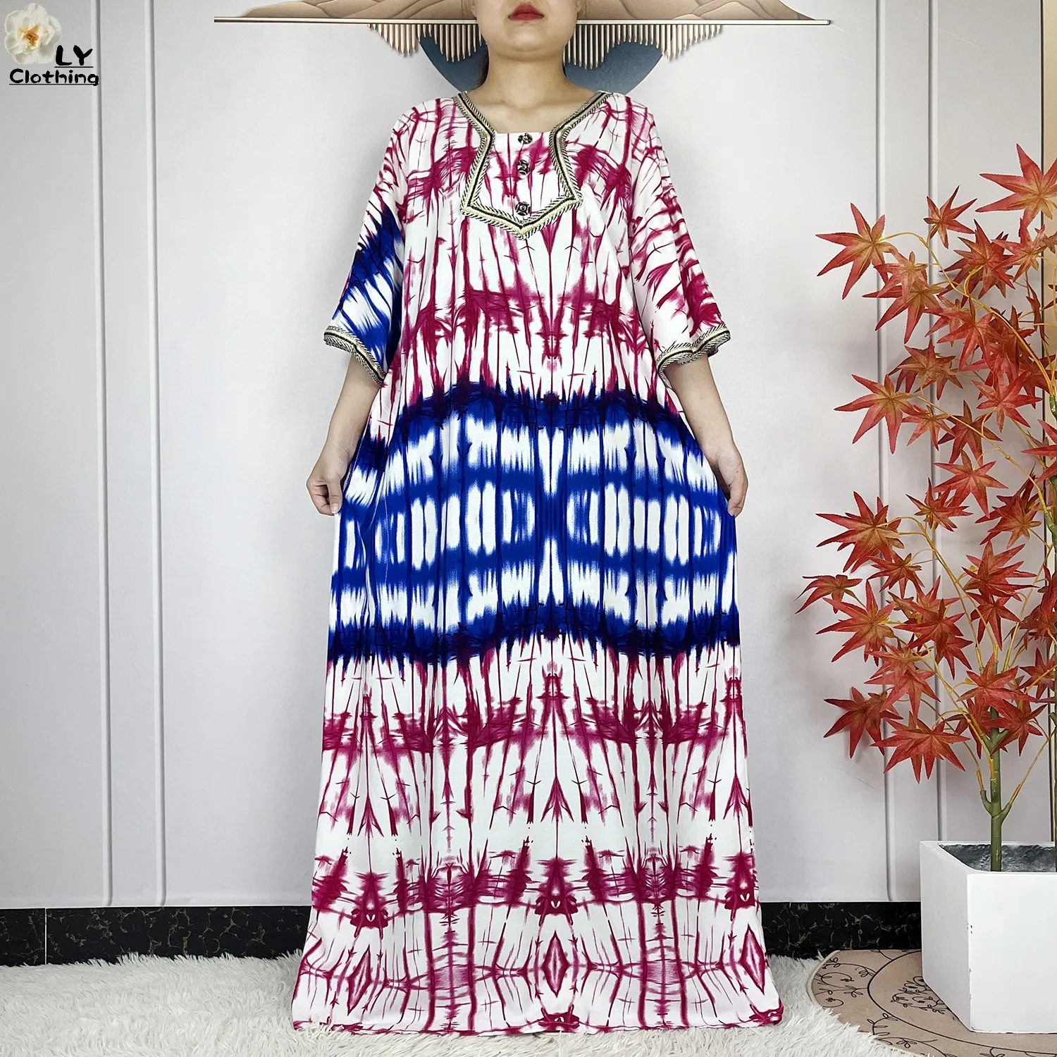 2024 Latest Style Fashion Tie-dyed Printed Women Dress Casual Loose Short Sleeve African Abaya Femme Dashiki Islamic Clothing