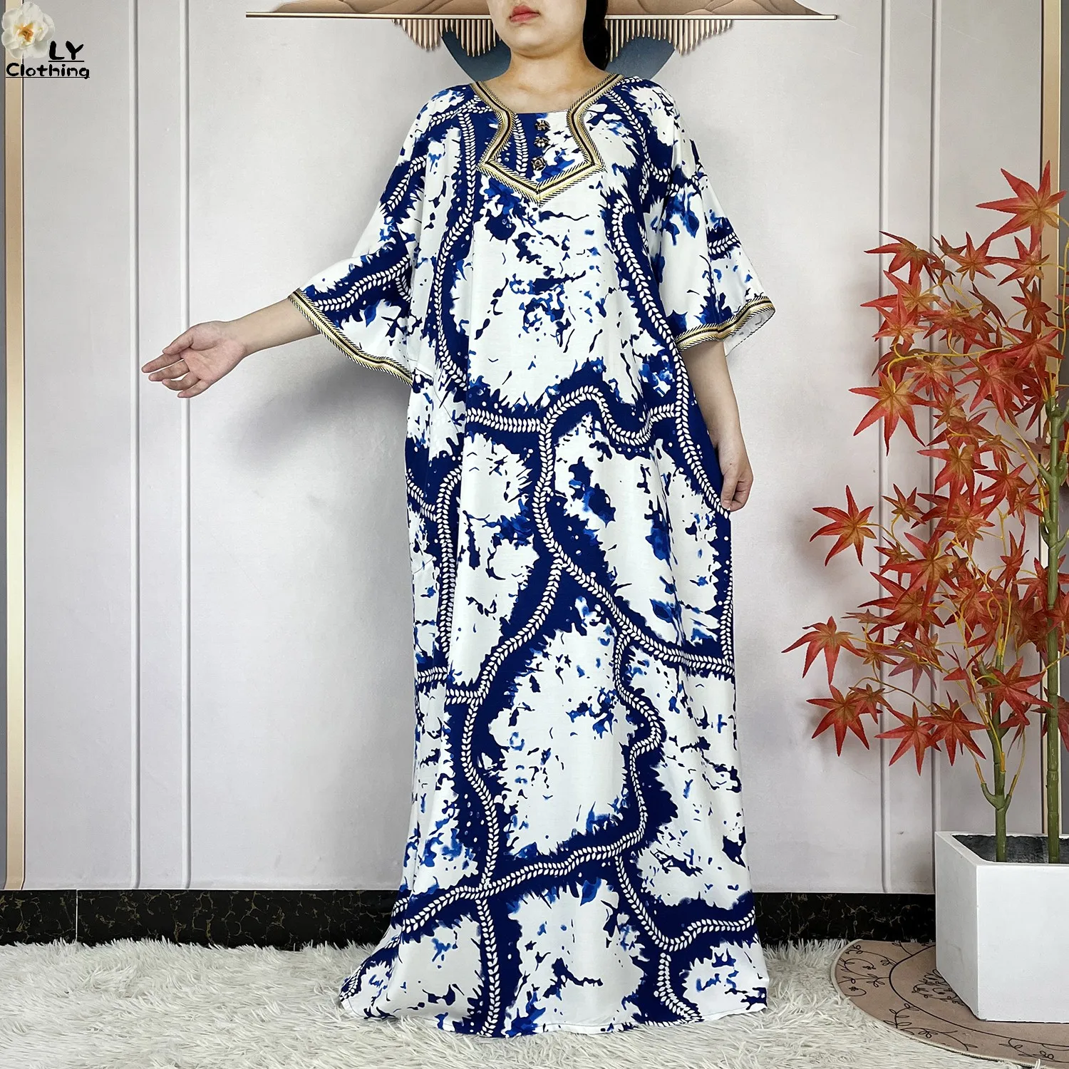 2024 Latest Style Fashion Tie-dyed Printed Women Dress Casual Loose Short Sleeve African Abaya Femme Dashiki Islamic Clothing