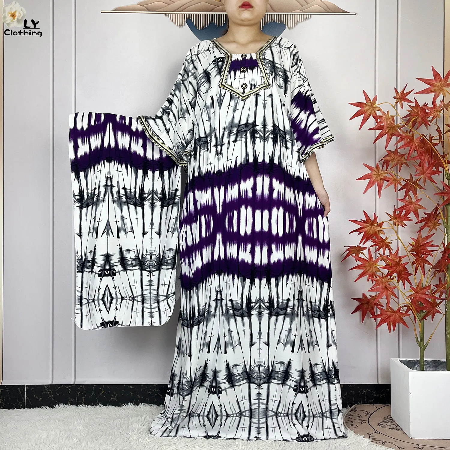 2024 Latest Style Fashion Tie-dyed Printed Women Dress Casual Loose Short Sleeve African Abaya Femme Dashiki Islamic Clothing