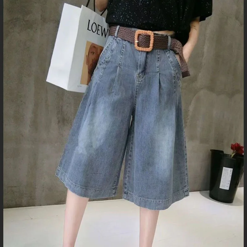 Summer Blue Women's Midi Jean Pants Fashion with Pockets Belt Knee Length Pants Woman Korean High Waist Loose Straight Shorts