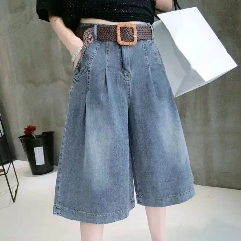 Summer Blue Women's Midi Jean Pants Fashion with Pockets Belt Knee Length Pants Woman Korean High Waist Loose Straight Shorts