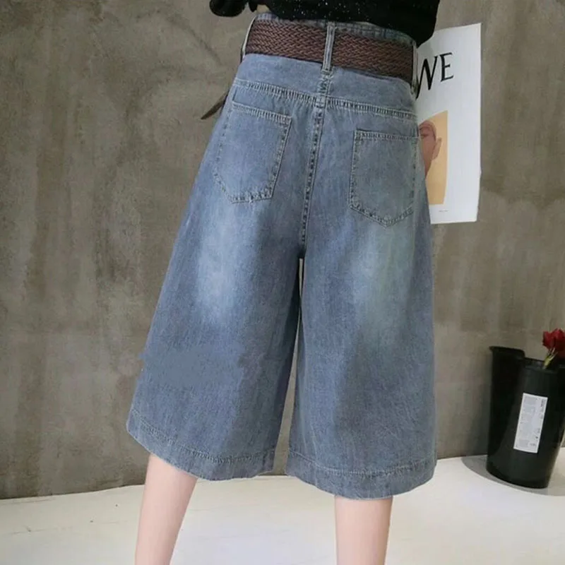 Summer Blue Women's Midi Jean Pants Fashion with Pockets Belt Knee Length Pants Woman Korean High Waist Loose Straight Shorts