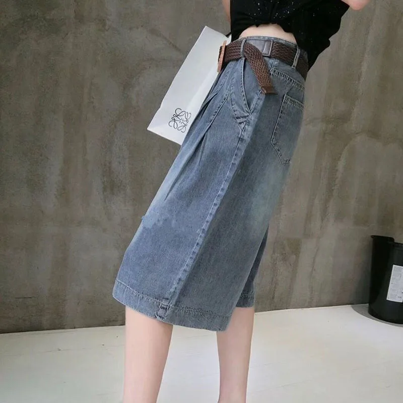 Summer Blue Women's Midi Jean Pants Fashion with Pockets Belt Knee Length Pants Woman Korean High Waist Loose Straight Shorts