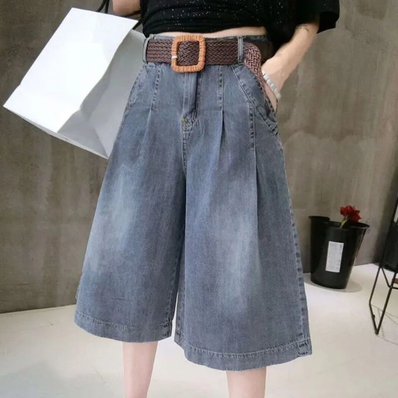 Summer Blue Women's Midi Jean Pants Fashion with Pockets Belt Knee Length Pants Woman Korean High Waist Loose Straight Shorts