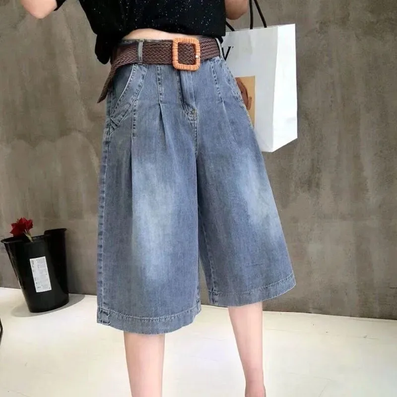 Summer Blue Women's Midi Jean Pants Fashion with Pockets Belt Knee Length Pants Woman Korean High Waist Loose Straight Shorts