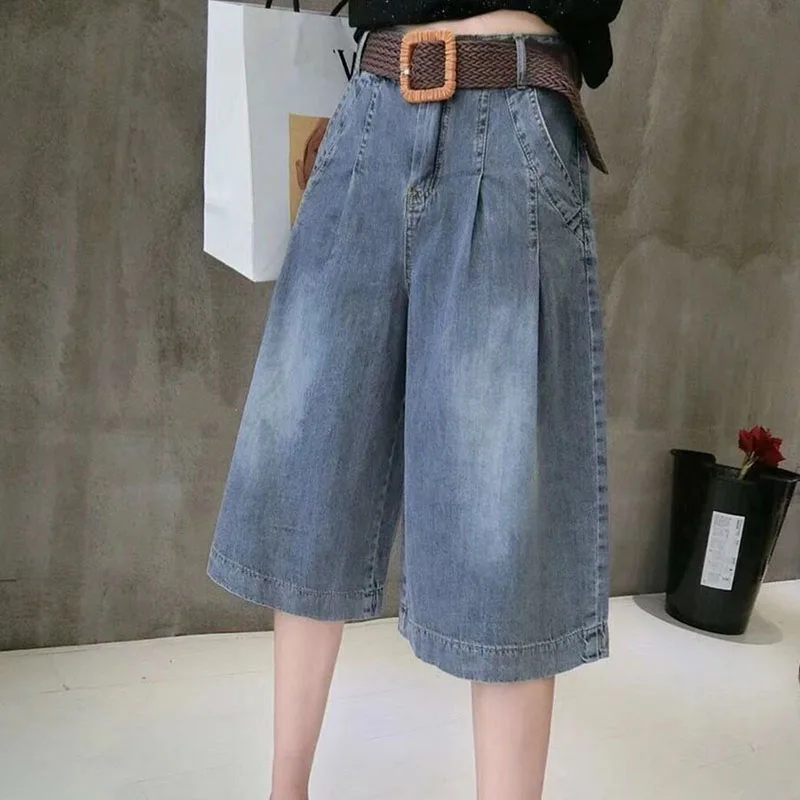 Summer Blue Women's Midi Jean Pants Fashion with Pockets Belt Knee Length Pants Woman Korean High Waist Loose Straight Shorts