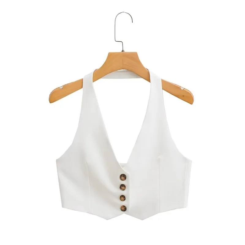 KEYANKETIAN Summer New Single-Row Buttoned-Up Hanging Neck Ultra Short Waistcoat Vest Women's Casual Backless Suspender Top