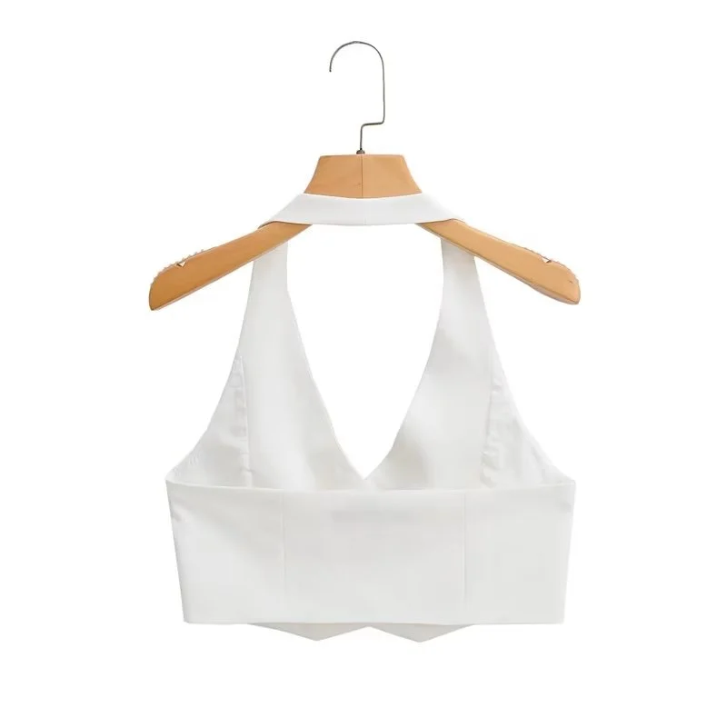 KEYANKETIAN Summer New Single-Row Buttoned-Up Hanging Neck Ultra Short Waistcoat Vest Women's Casual Backless Suspender Top