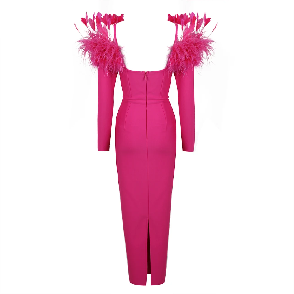 Factory Wholesale Women's rose Red Long sleeve Slash Neck Feather Tight Sexy Boutique Celebrity Cocktail Party Bandage Dress