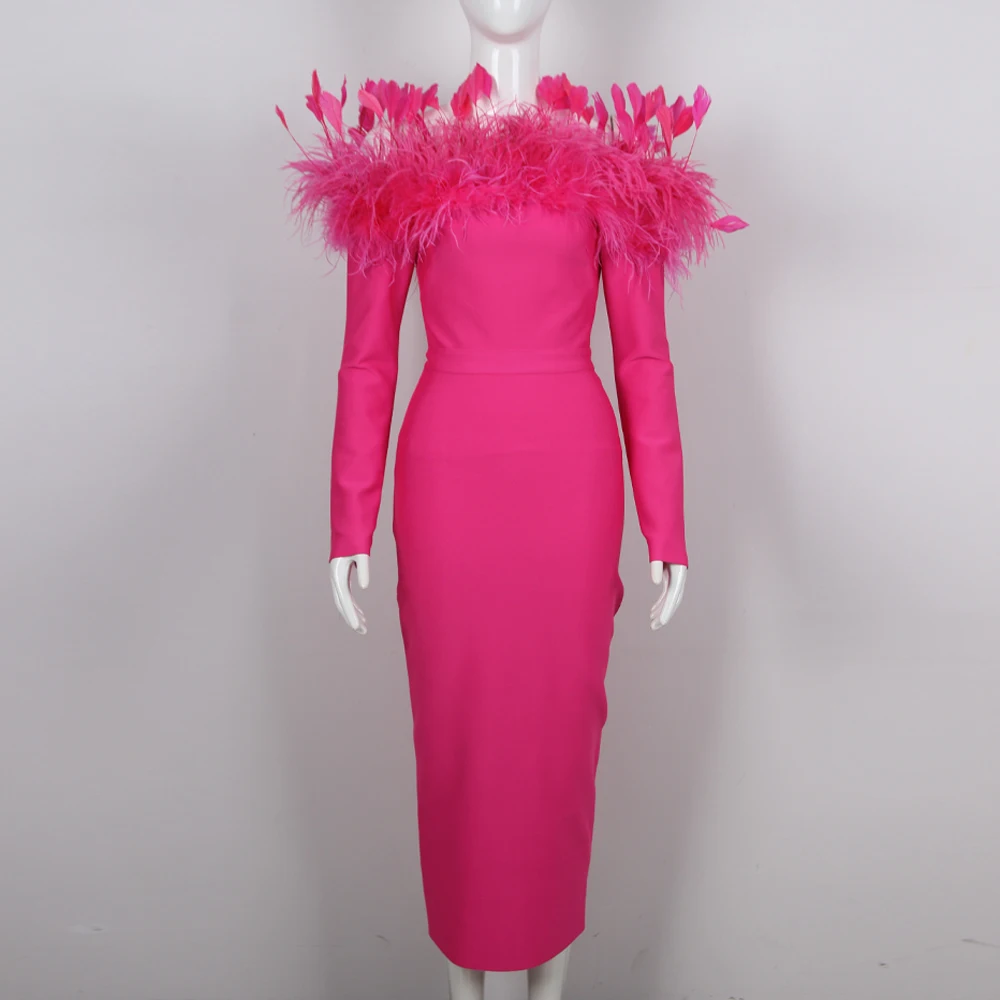 Factory Wholesale Women's rose Red Long sleeve Slash Neck Feather Tight Sexy Boutique Celebrity Cocktail Party Bandage Dress