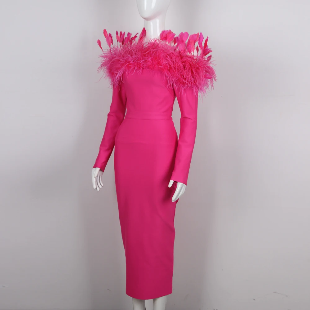 Factory Wholesale Women's rose Red Long sleeve Slash Neck Feather Tight Sexy Boutique Celebrity Cocktail Party Bandage Dress