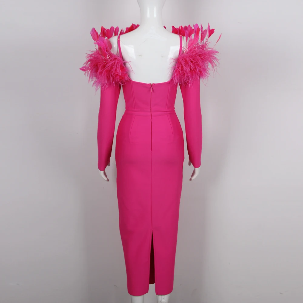 Factory Wholesale Women's rose Red Long sleeve Slash Neck Feather Tight Sexy Boutique Celebrity Cocktail Party Bandage Dress