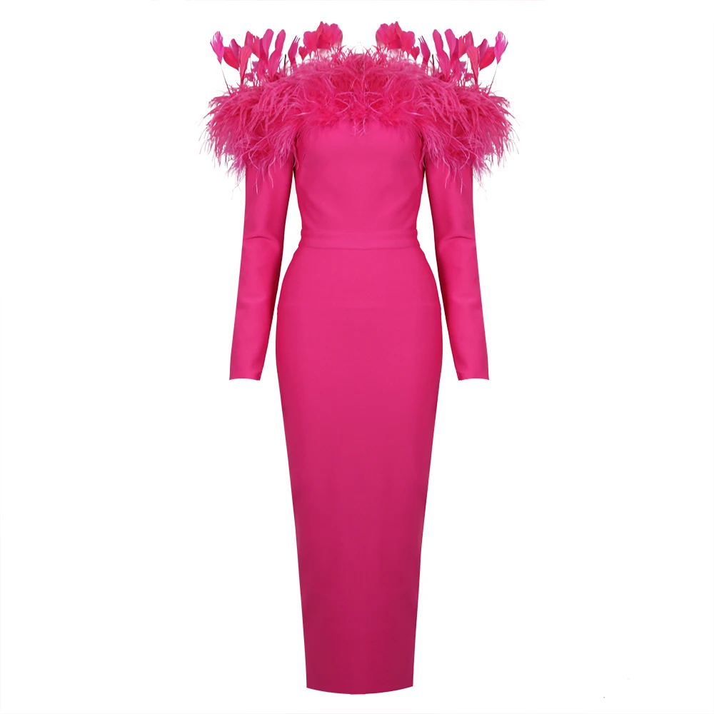 Factory Wholesale Women's rose Red Long sleeve Slash Neck Feather Tight Sexy Boutique Celebrity Cocktail Party Bandage Dress