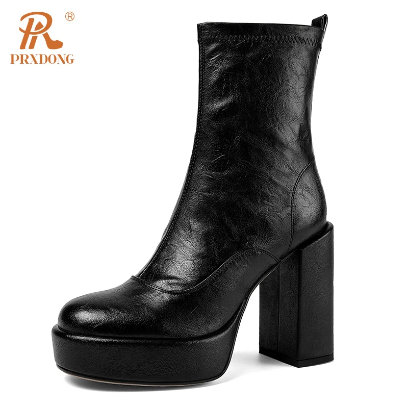 PRXDONG Women's Genuine Cow Leather Square High Heels Platform Shoes Black Brown Dress Party Female Ankle Boots Big Size 34-40