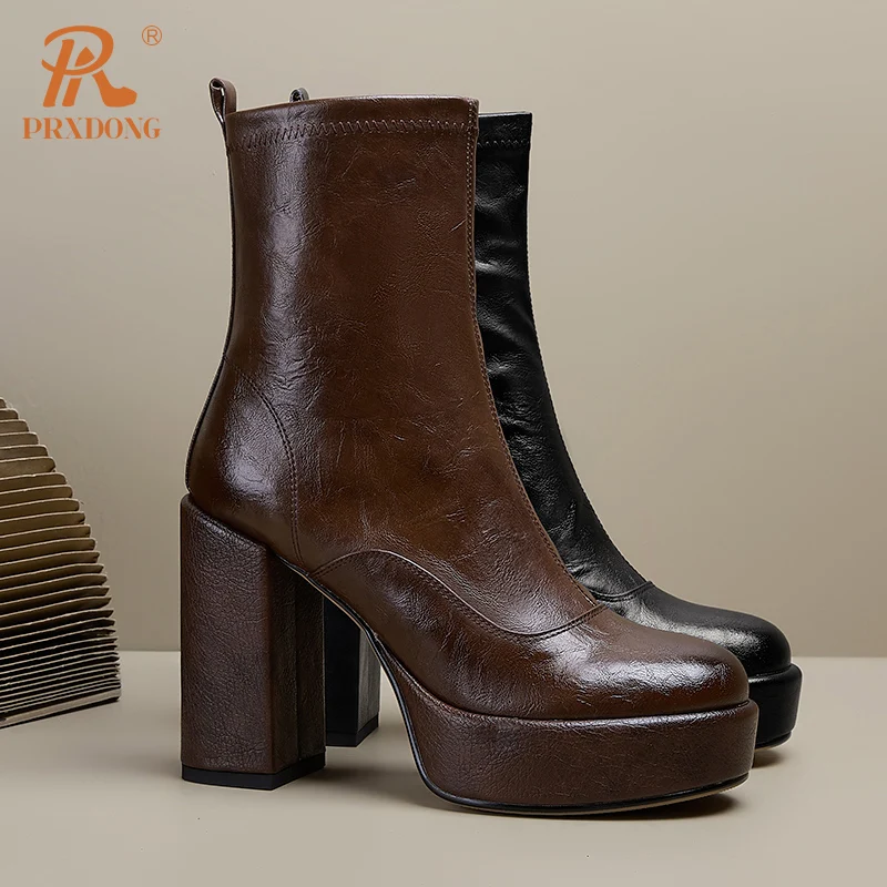 PRXDONG Women's Genuine Cow Leather Square High Heels Platform Shoes Black Brown Dress Party Female Ankle Boots Big Size 34-40