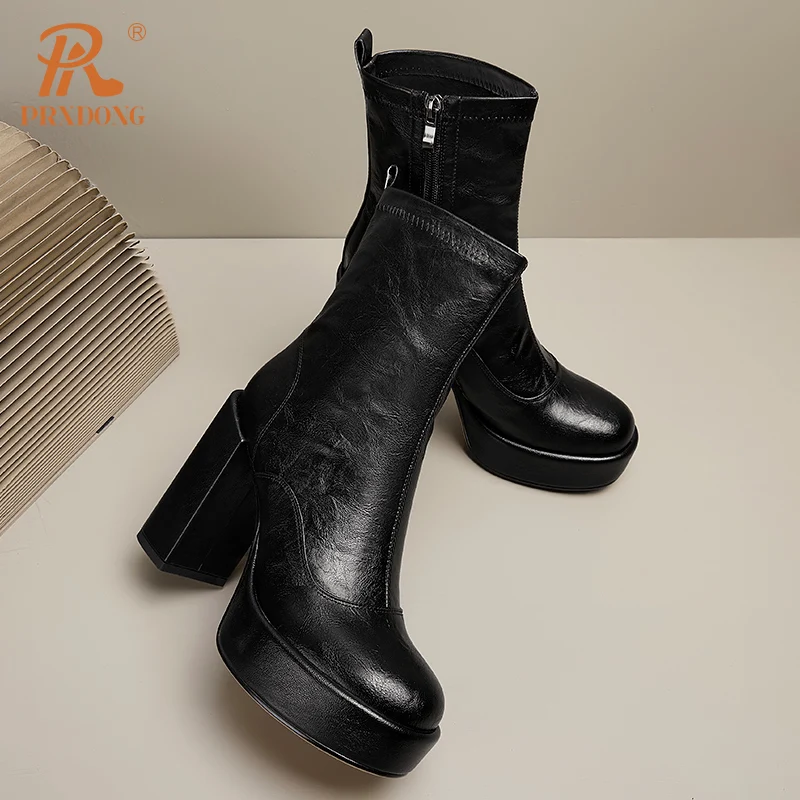 PRXDONG Women's Genuine Cow Leather Square High Heels Platform Shoes Black Brown Dress Party Female Ankle Boots Big Size 34-40